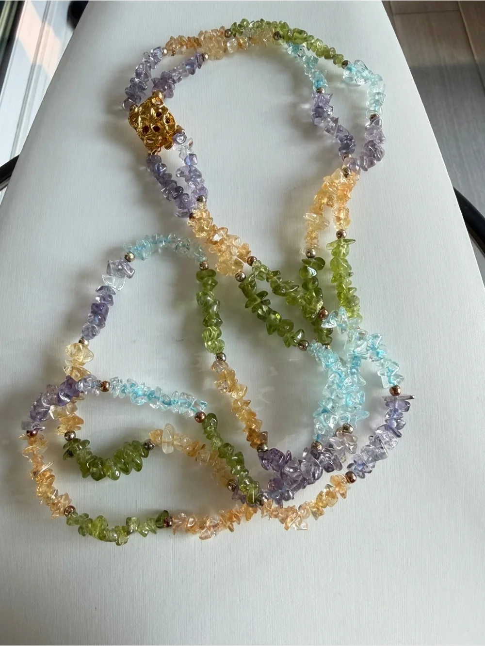22” citrine, aquamarine, amethyst, peridot chip necklace w/ gold box clasp!